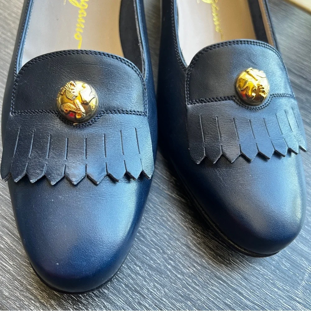 Salvatore Ferragamo Navy Button Detail Logo Fringe Penny Loafers 6.5 2A